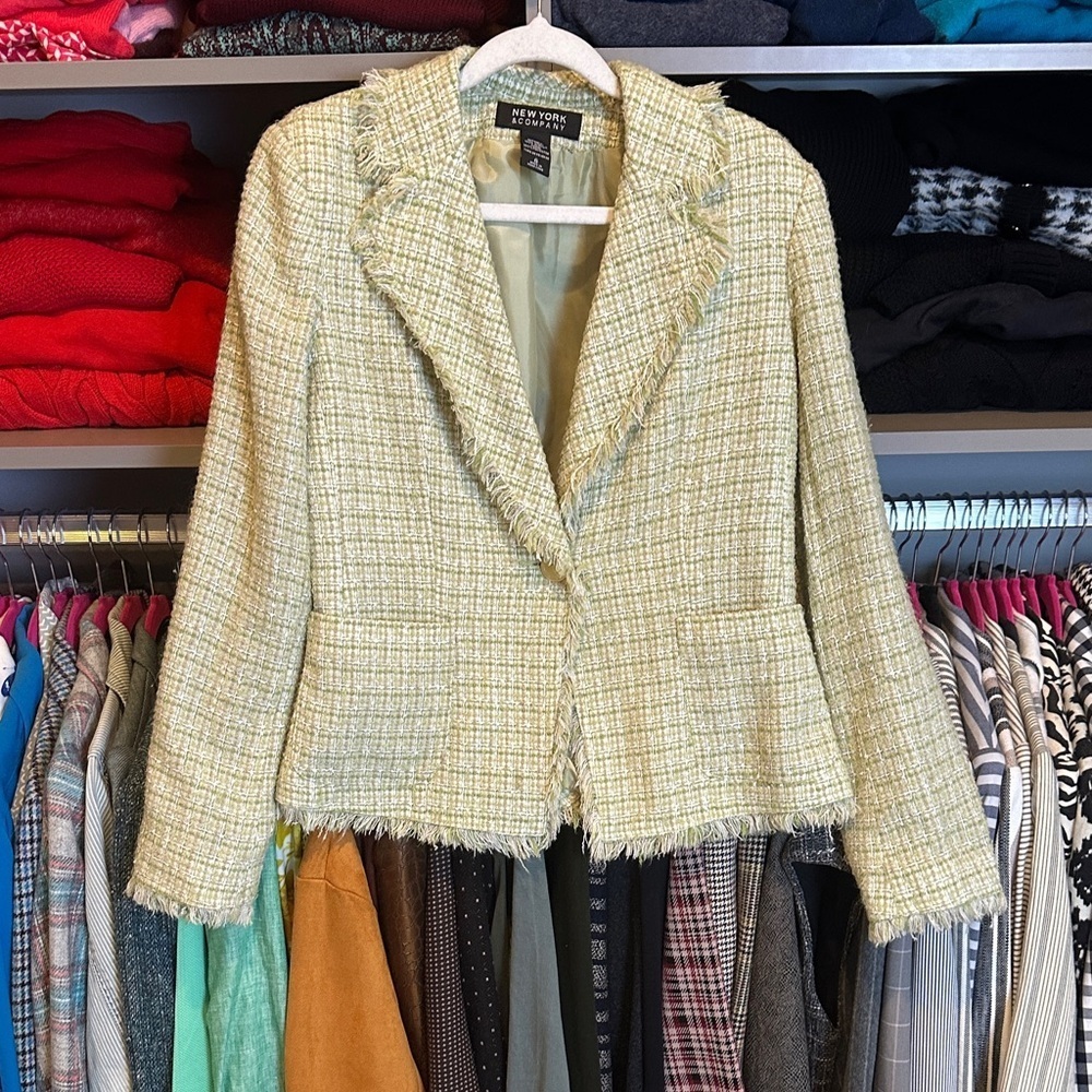 New York & Co green/tan/white one button closure 2 pocket tweed blazer size 6